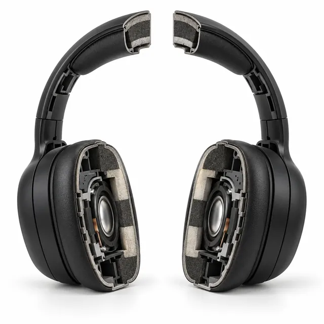 Wireless headphones sliced in half like a museum model, showing the padding, shell and driver inside