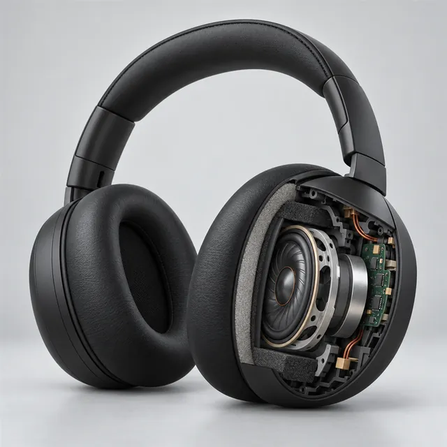 Matte-black wireless headphones with one ear cup cut away to show the driver, foam and circuit board inside