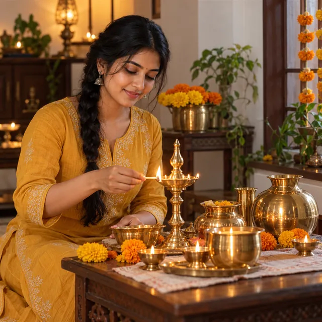 Young Indian woman in a mustard kurta lighting a brass lamp beside brass pots, small diyas and marigolds