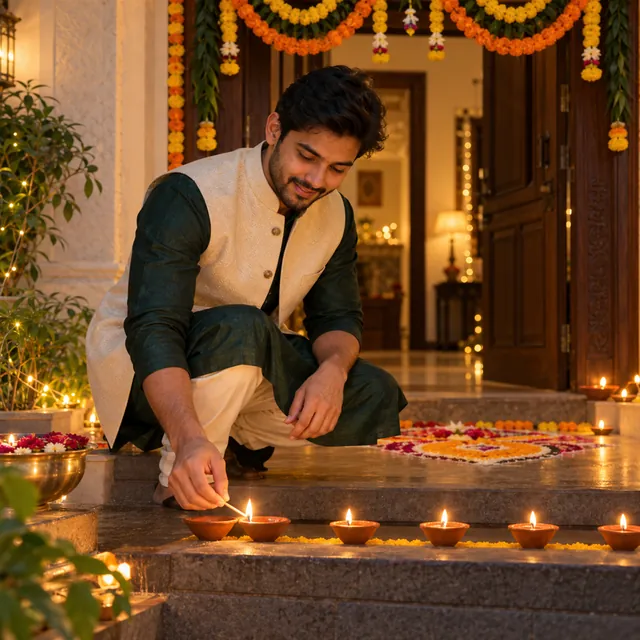 Young man in a green kurta and cream Nehru jacket lighting clay diyas on his front steps, under a marigold toran