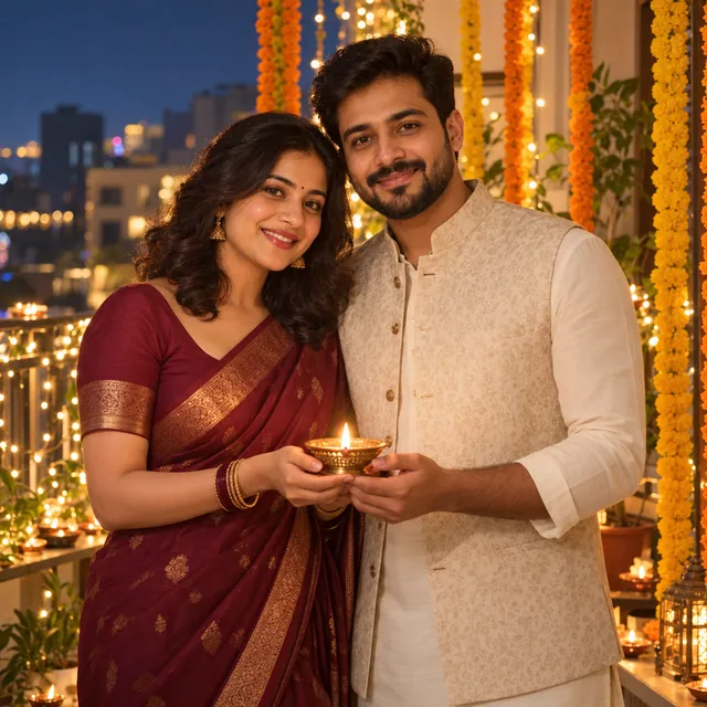 Indian couple holding a lit brass diya together on a balcony with fairy lights and marigold garlands on Diwali night