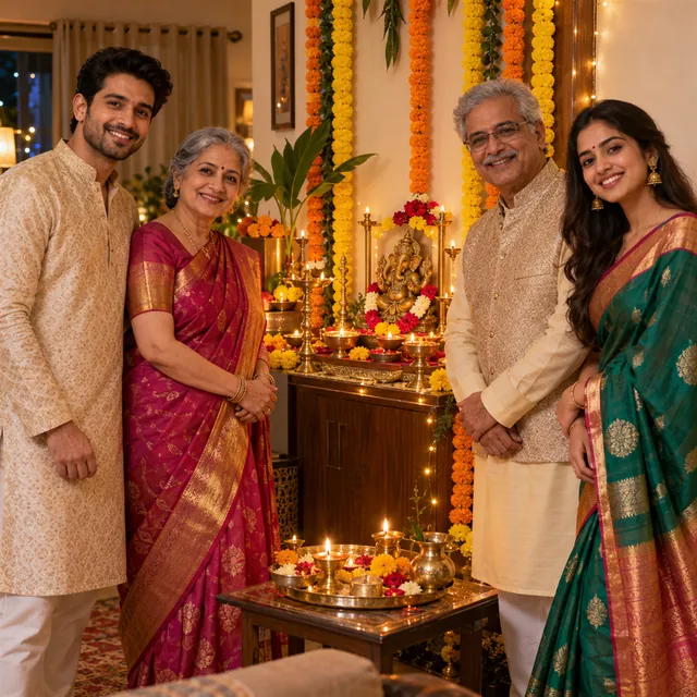 Four adults in festive silk clothes smiling beside a puja corner with diyas and marigold garlands on Diwali
