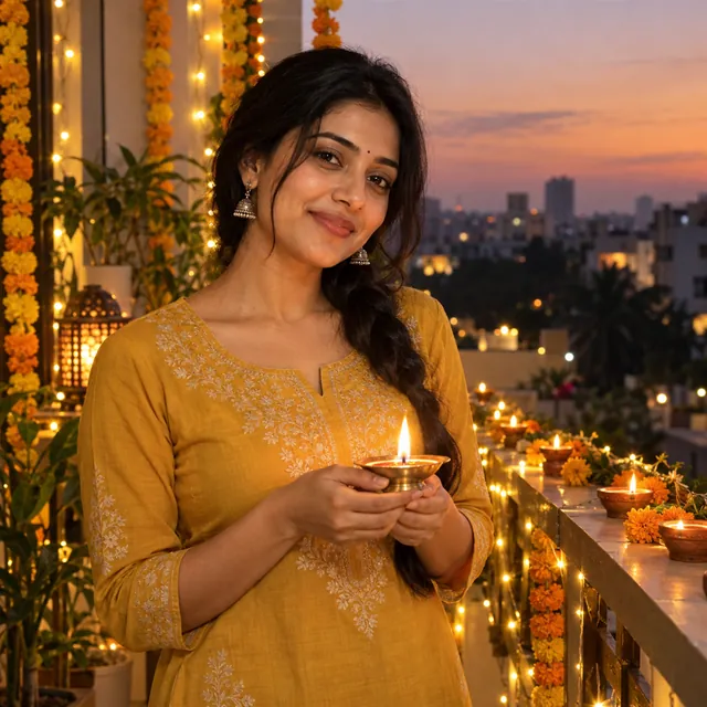A young Indian woman on a balcony at dusk holding a lit brass diya, with fairy lights and marigold garlands behind