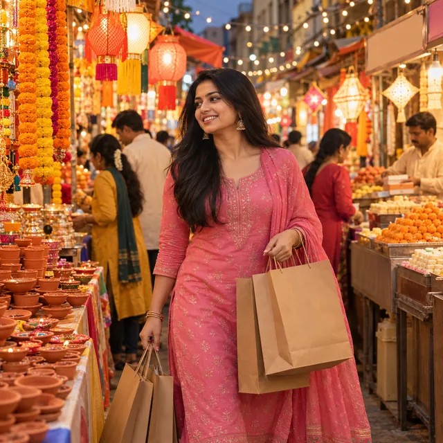Young woman in a pink kurta with paper shopping bags in a busy Diwali market with diyas, lanterns and marigolds