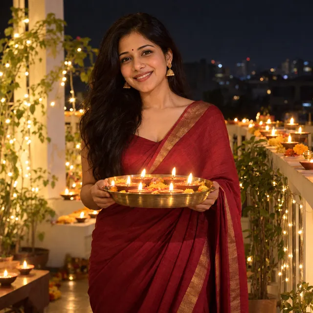 Young woman in a deep red silk saree holding a brass plate of lit diyas on a terrace lined with diyas on Diwali night