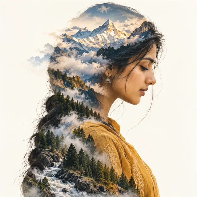 Double-exposure portrait of a young Indian woman in a mustard kurta, her silhouette filled with a misty pine forest and hills