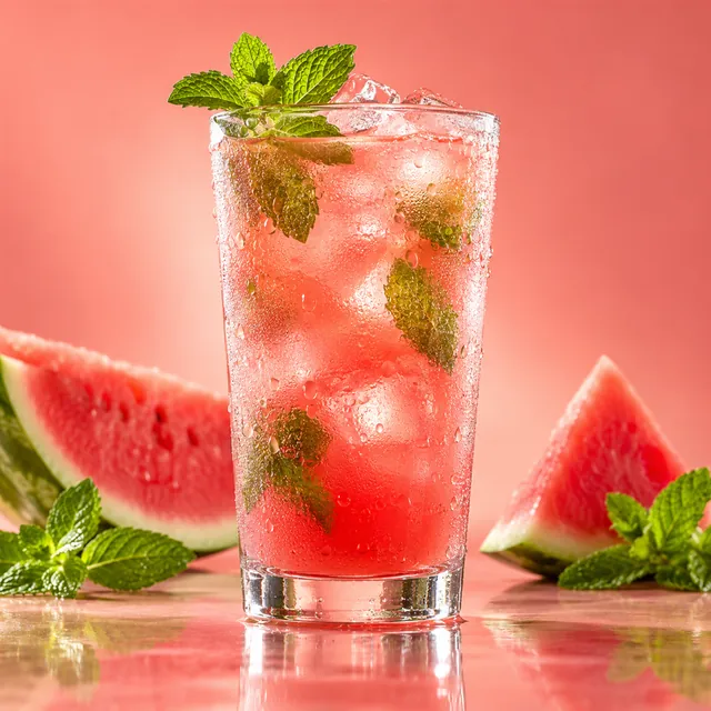 Tall frosty glass of watermelon cooler with ice and mint, beside watermelon slices on a coral background