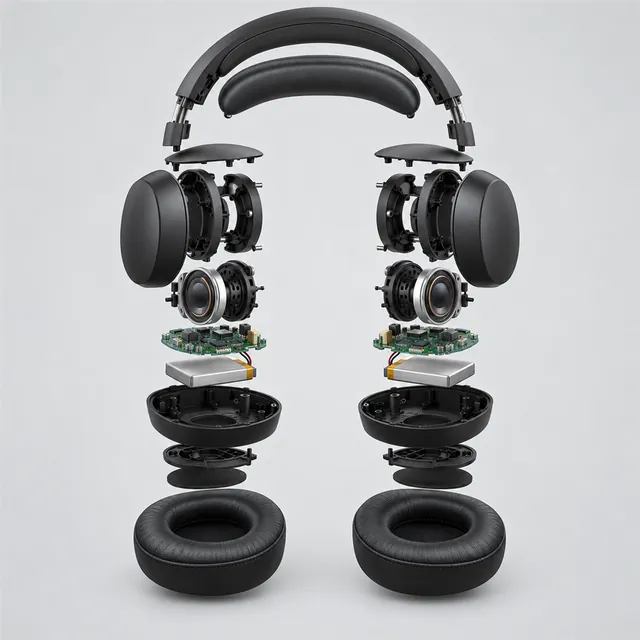Matte-black wireless headphones in an exploded view, with ear cups, drivers, circuit boards and cushions floating apart