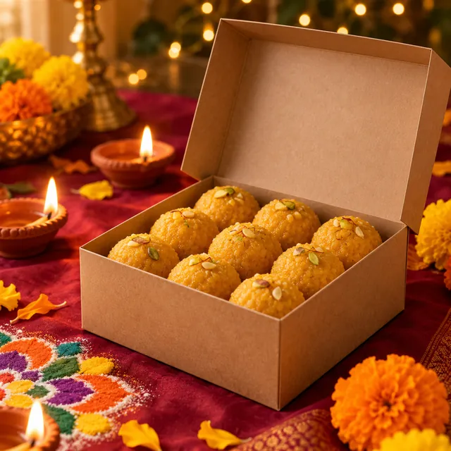Open kraft box of laddoos on a maroon cloth with lit clay diyas, marigolds, a rangoli and fairy lights