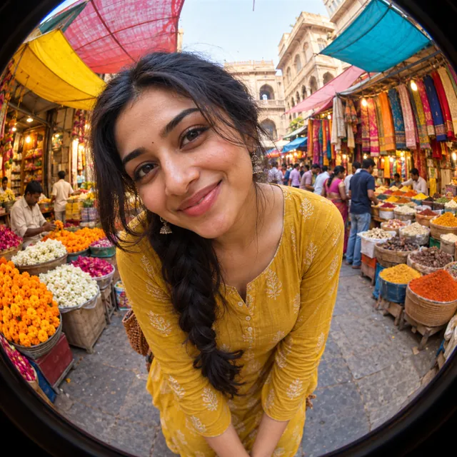 Fisheye photo of a smiling young Indian woman leaning close to the camera, with a street market curving behind her