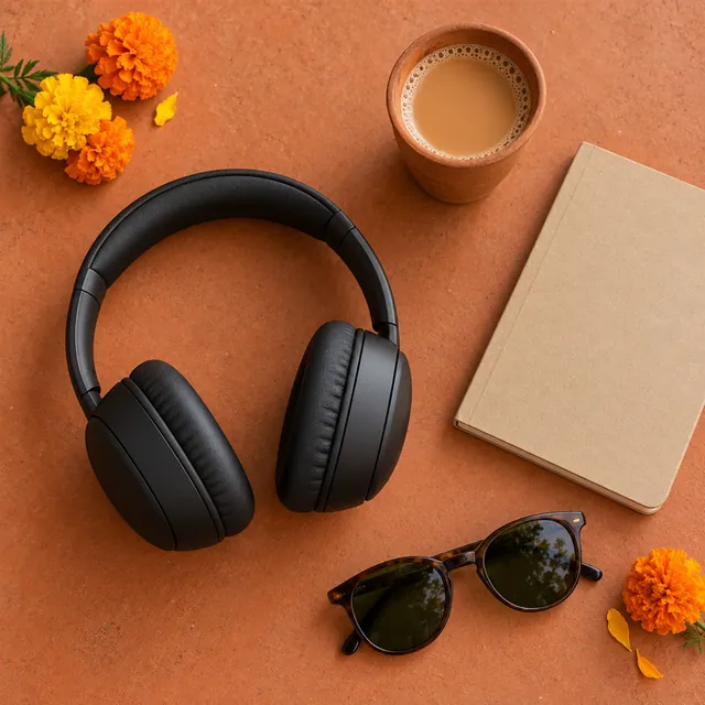 Top-down flat lay of matte-black headphones on a terracotta surface with a kulhad of chai, a notebook and marigolds