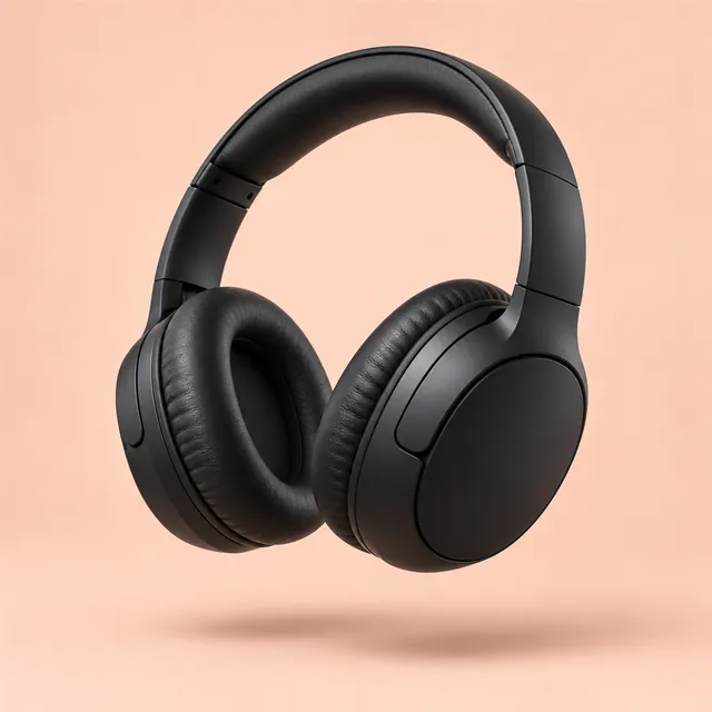 Matte-black wireless headphones floating in mid-air above a pale peach backdrop, with a soft shadow below