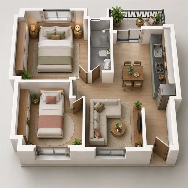 3D top-down cutaway of a two-bedroom flat with beds, a sofa, a dining table, a kitchen, a bathroom and a balcony