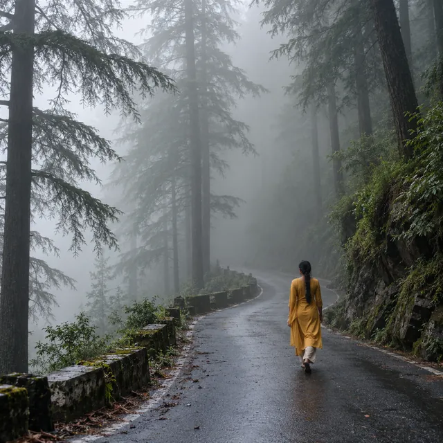 A young Indian woman in a mustard kurta on a misty forest path at dawn, with soft light rays coming through the fog