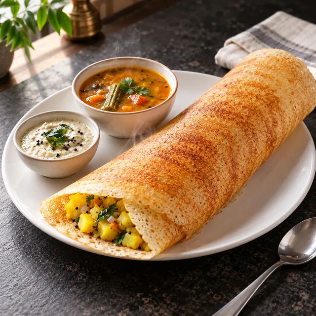 Crisp masala dosa on a white plate with bowls of coconut chutney and sambar on a dark stone surface