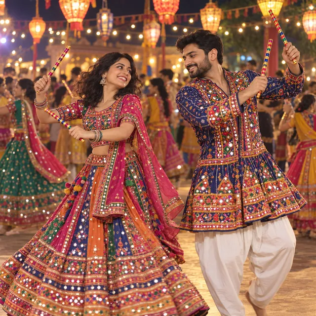Indian couple dancing garba with dandiya sticks in bright mirror-work outfits under hanging lanterns at Navratri