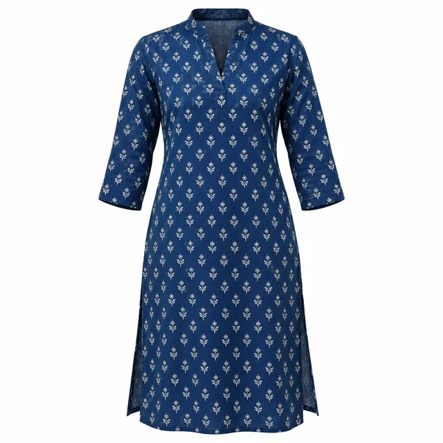 Indigo kurta with a small white floral print shown in a ghost-mannequin style, as if worn, on a white background