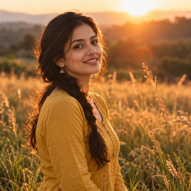 Young Indian woman in a mustard kurta smiling in a grassy field at sunset, with golden backlight on her braided hair
