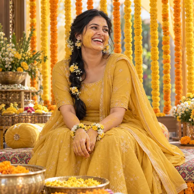 Laughing young Indian woman in a yellow anarkali with flower jewellery and haldi on her face, before marigold curtains