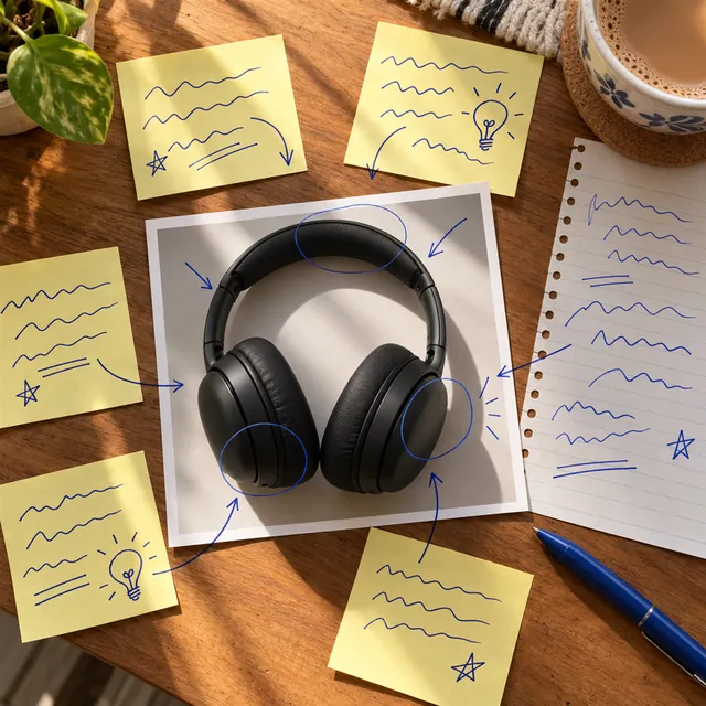 Printed photo of headphones on a desk with sticky notes, blue-ink squiggles, arrows, circles and lightbulb doodles