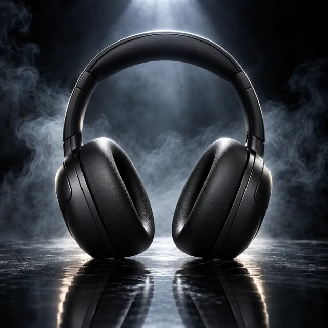 Matte-black headphones standing on a dark glossy surface under a spotlight, with rim light and thin smoke behind