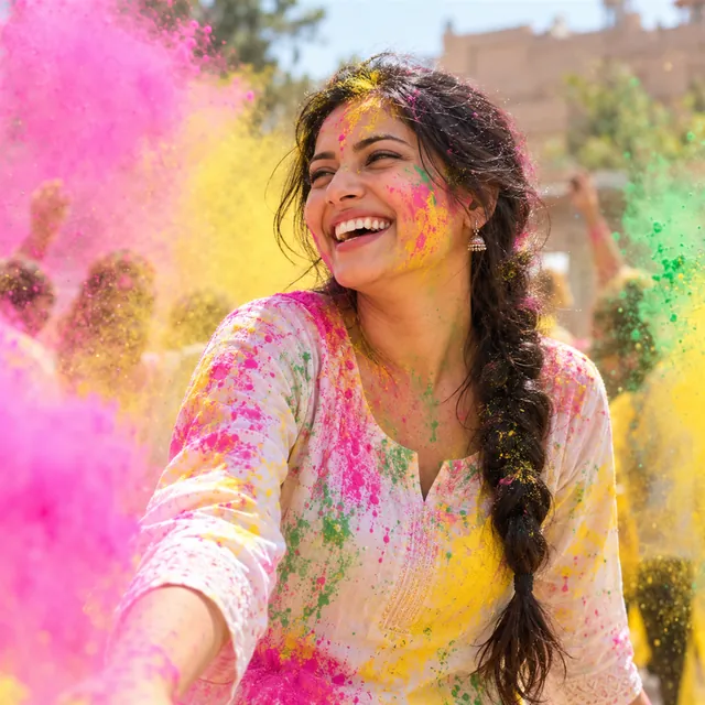 Young Indian woman in a white kurta splashed with pink, yellow and green colour, laughing in a cloud of Holi powder