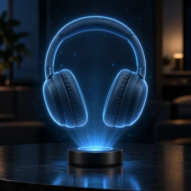 Headphones as a glowing blue see-through hologram projected above a small round device on a dark table