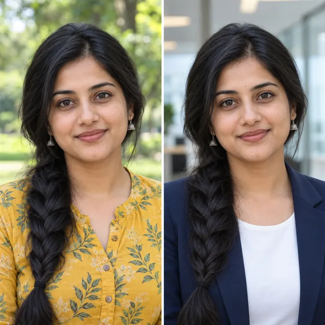 The same young woman with an unchanged face twice: in a mustard kurta in a park and in a navy blazer in an office