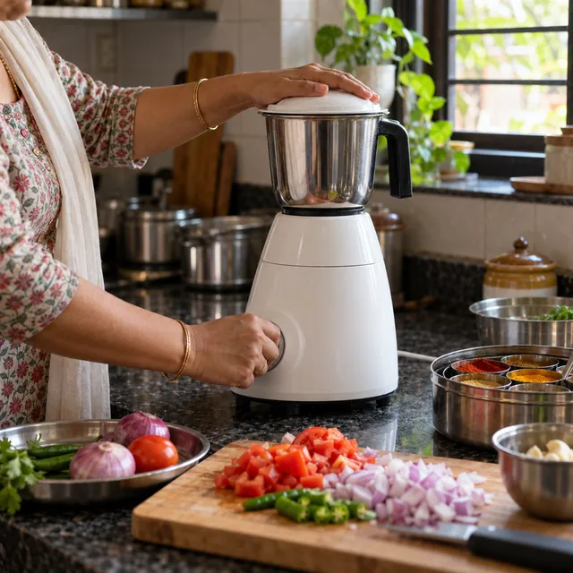 White mixer grinder in use on a granite kitchen counter beside chopped tomatoes, onions, chillies and a spice box