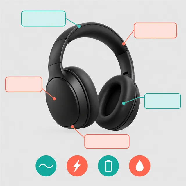 Black headphones in the centre with pointer lines to blank teal and coral label boxes and four flat icons below