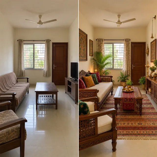 Split view of one living room: plain with old furniture on the left, redone with carved wood, rugs and brass on the right