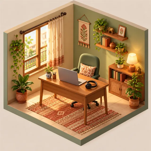 Isometric 3D illustration of a small home-office room with a desk, laptop, headphones and plants in pastel colours