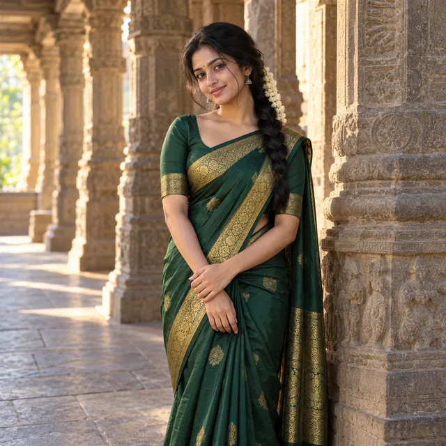 Young Indian woman in a green silk saree with a gold border and jasmine in her braid, among carved stone pillars