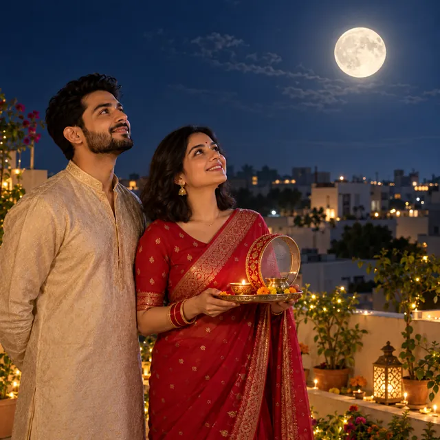 Indian couple on a rooftop at night looking up at the full moon, she in a red saree holding a thali with a diya and sieve