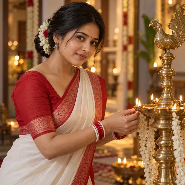 Young Indian woman in a white saree with a red border and red-white bangles lighting a tall brass lamp