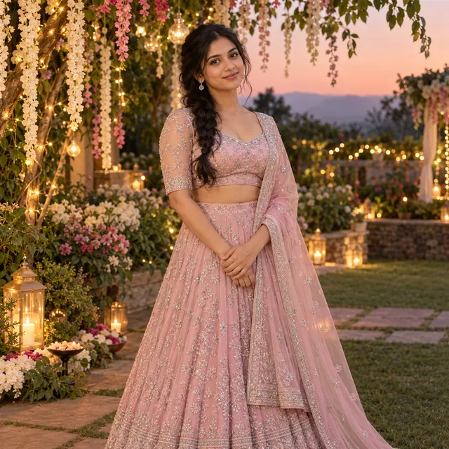 Young Indian woman in a pastel pink embroidered lehenga in a garden with hanging flowers and lanterns at dusk