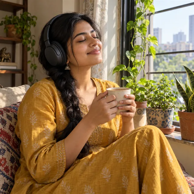 A young Indian woman in a mustard kurta wearing matte-black headphones by a sunny window, holding a cup of chai