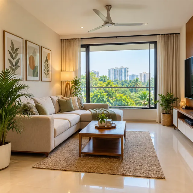 Bright, tidy apartment living room with a beige sofa, jute rug and plants, and a green city view through a large window