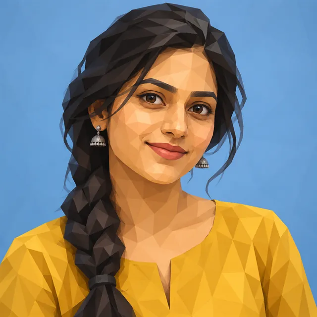 Low-poly 3D portrait of a young Indian woman made of flat triangular facets, on a soft blue background