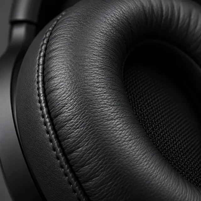 Extreme close-up of a headphone ear cushion showing its leather texture and fine stitching