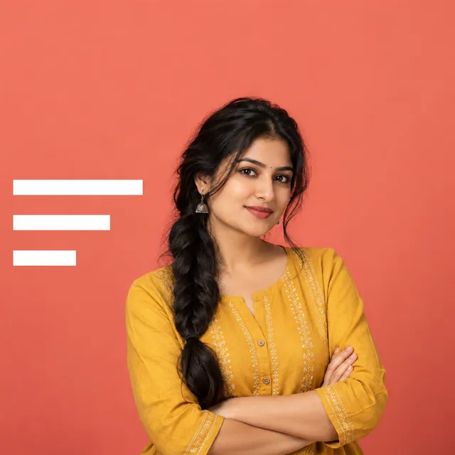 Cover-style portrait of a young woman in a mustard kurta with arms crossed on coral, with blank white title bars