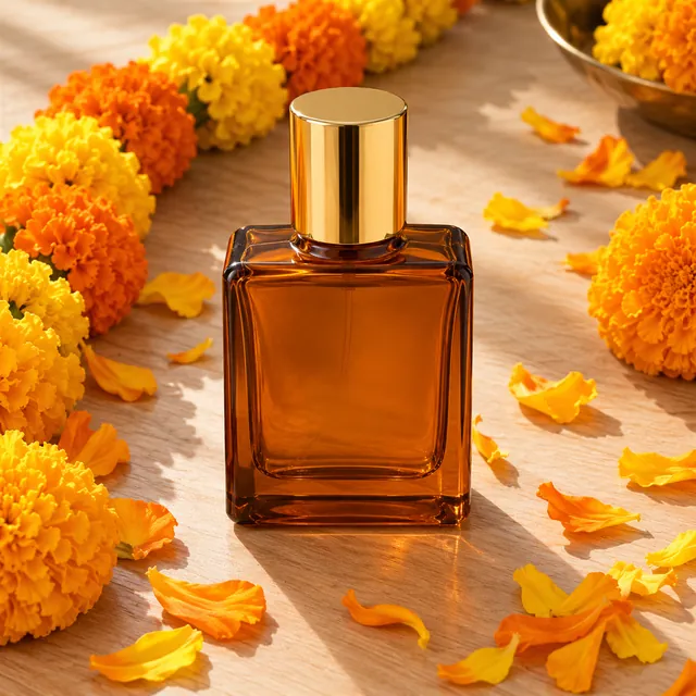 Amber glass perfume bottle with a gold cap on light wood, framed by a marigold garland and scattered petals