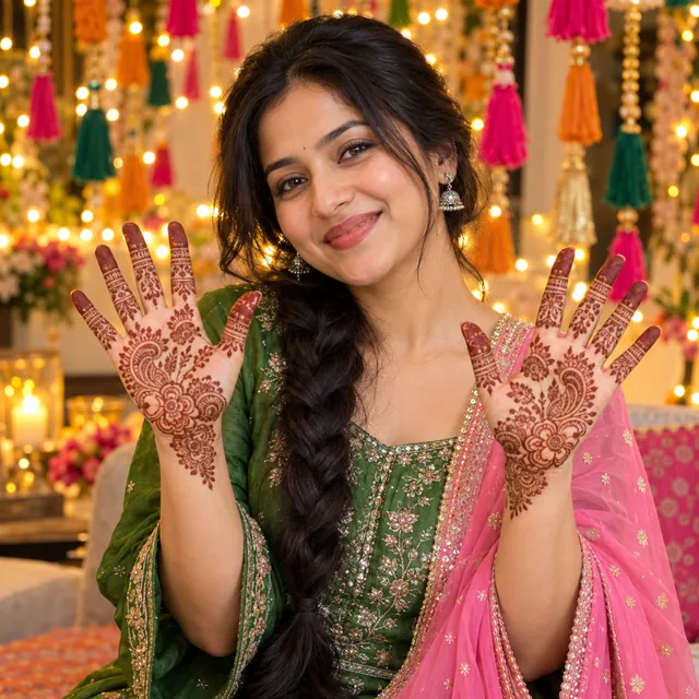 Smiling young Indian woman in a green and pink outfit holding up both hands covered in fresh henna designs