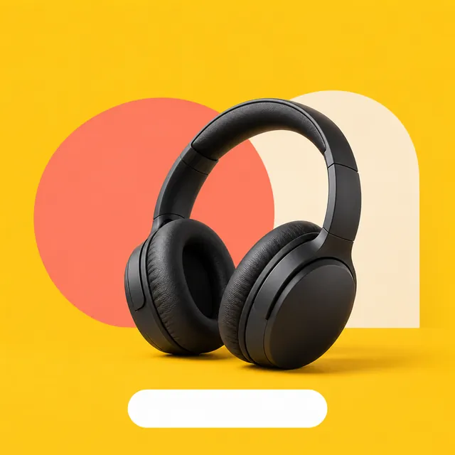 Black headphones on a mustard-yellow ad layout with a coral circle, a cream arch and a blank white button shape