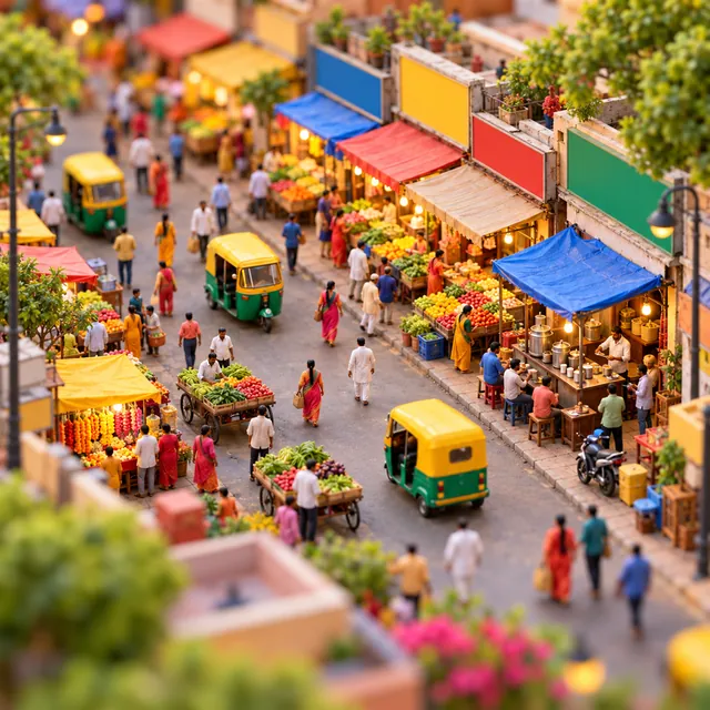 Tilt-shift view of an Indian street market that looks like a tiny model, with auto-rickshaws, carts and a chai stall