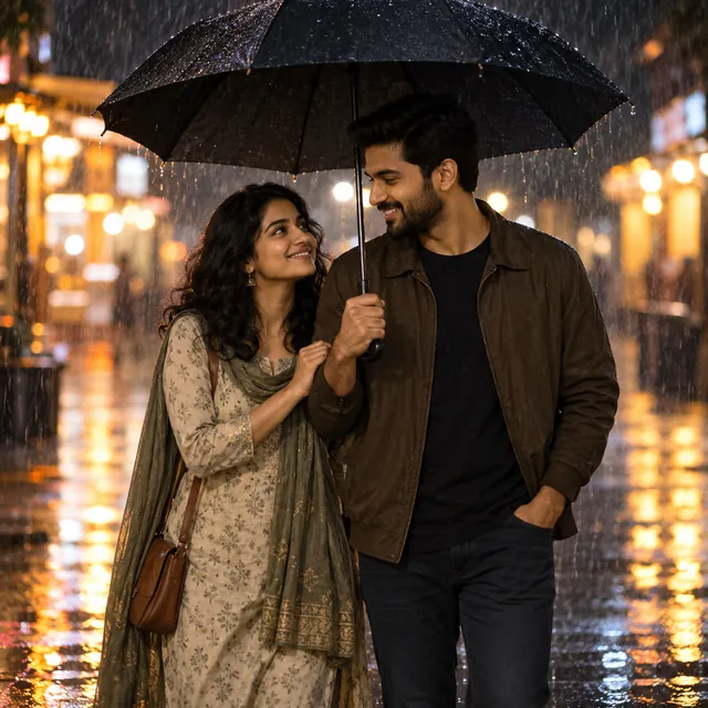 Indian couple sharing a black umbrella on a rainy street at night, smiling at each other among blurred lights