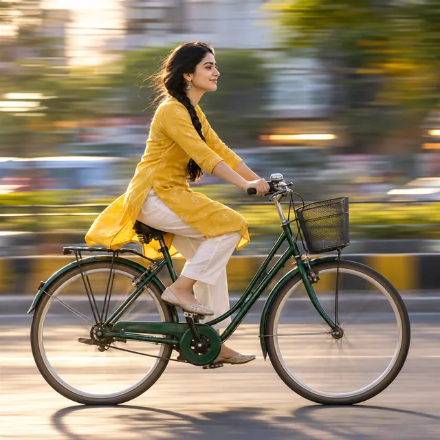 Young woman in a mustard kurta riding a green bicycle, sharp against a background of horizontal motion-blur streaks