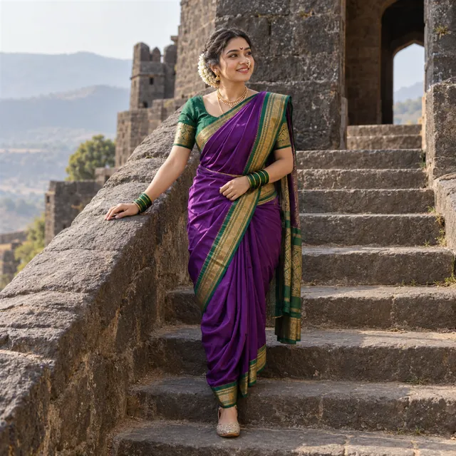Woman in a purple and green Maharashtrian saree with a gajra in her bun, standing on the stone steps of an old fort