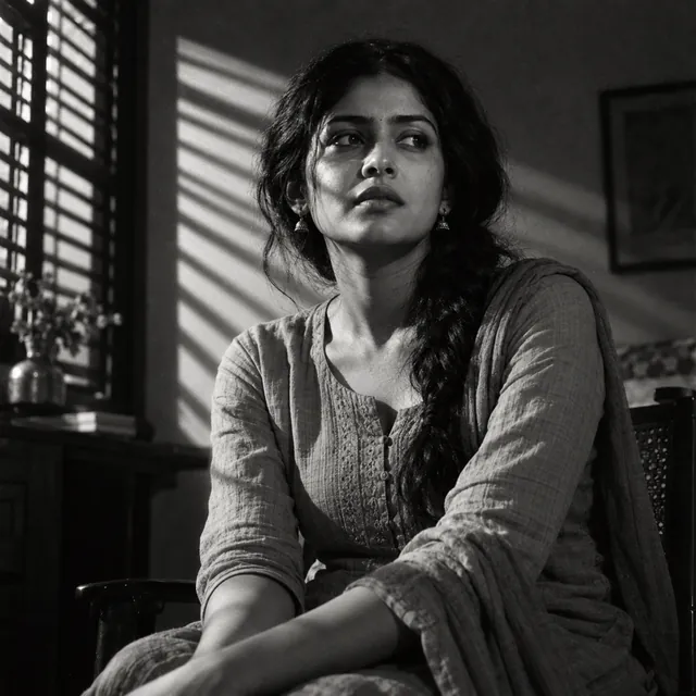 Black-and-white film-noir style photo of a young Indian woman seated in a room, with striped shadows from window blinds