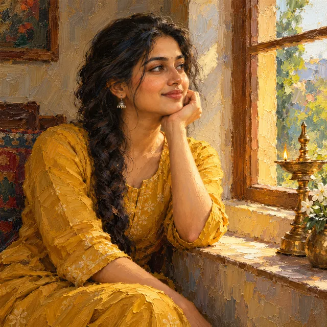 Oil painting of a young Indian woman in a mustard kurta seated by a window with a brass lamp, in thick brushstrokes